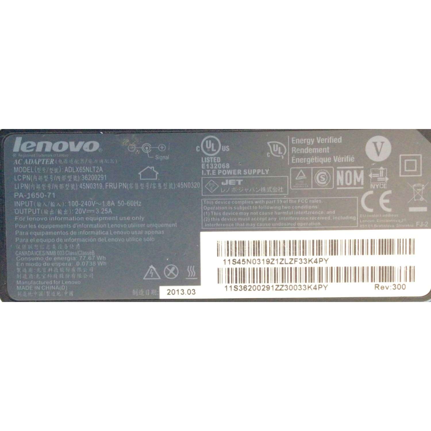 CARGADOR / ADAPTADOR DE FUENTE DE ALIMENTACION LENOVO / NUMERO DE PARTE ADLX65NLT2A / PA-1650-71 / 36200291 / 45N0319 / 45N0320 / 77.67WH / 0.0738WH / ENTRADA VCA 100-240V~1.8A / 50-60HZ / SALIDA VCD 20V⎓3.25A / MODELO ADLX65NLT2A - Imagen 2